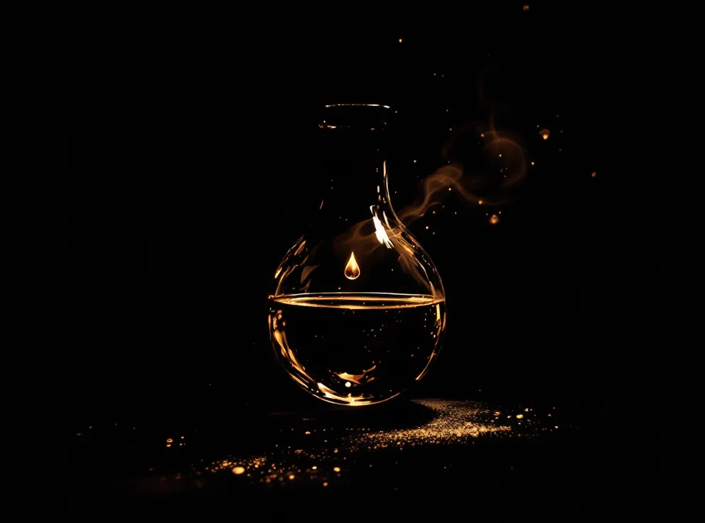 A reconstitution vessel lit from a single source, the lyophilized tesamorelin powder taking up liquid