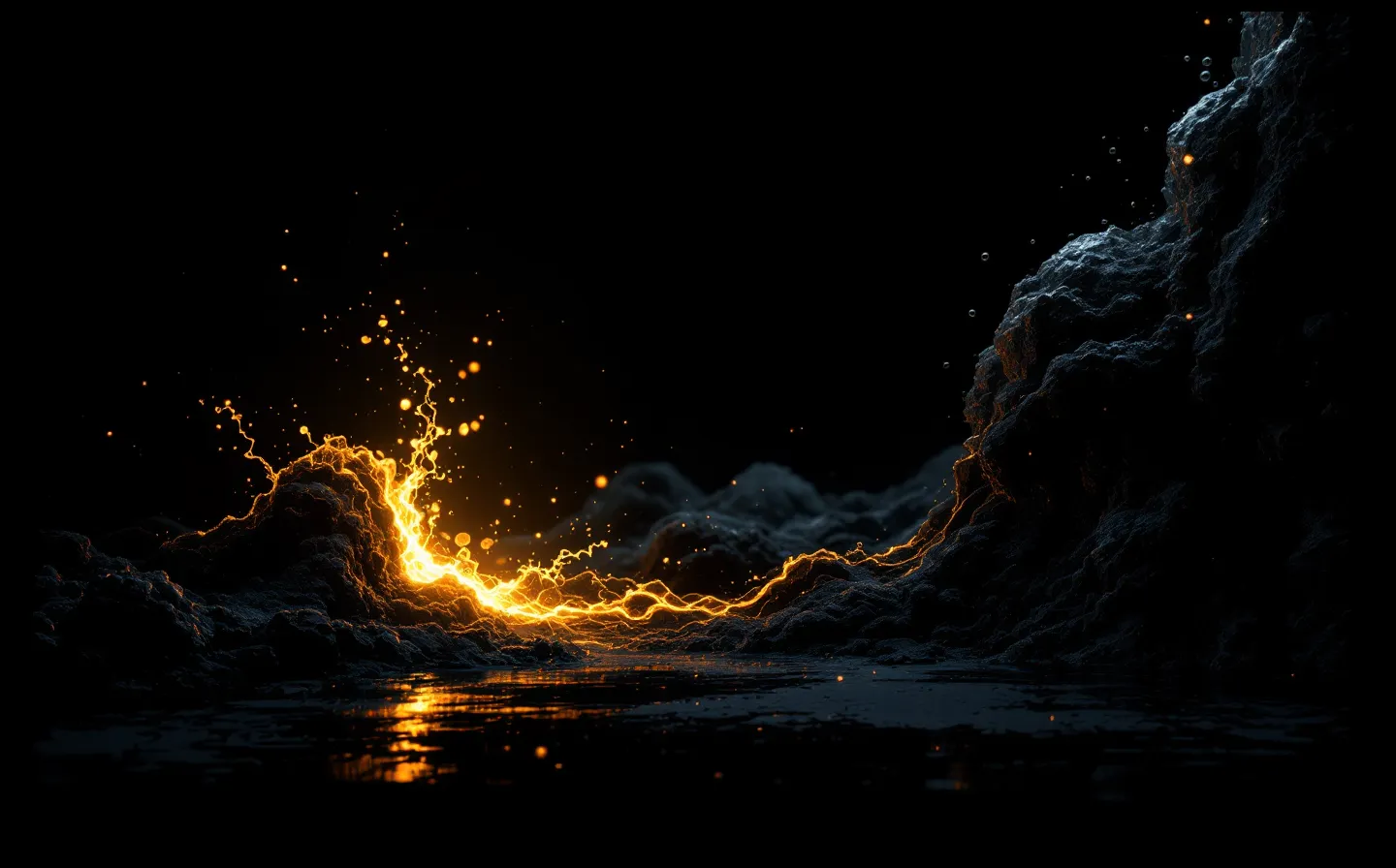 A chiaroscuro illustration of a bright concentrated gold burst at the left trailing into a long soft ember afterglow that fades into black at the right, lit by a single warm light on a near-black ground